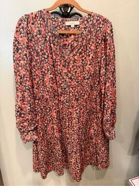 LOFT Grey Dress with Coral Floral Print, Long Sleeve